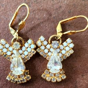 Angel Lever Back Pierced Earrings. Rhinestones & "Pearls".  Perfect Condition